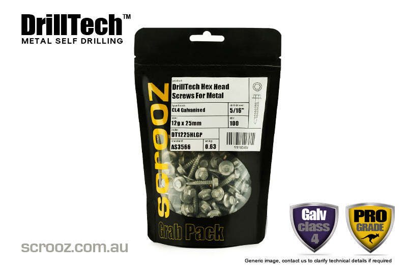 10g x 25mm Hex Metal Tech Screws CL4 pack 100