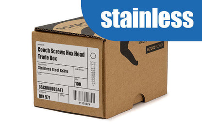 6mm x 50mm Coach Screws 316 Stainless box 100