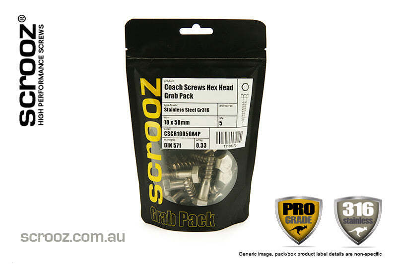 10mm x 50 mm Coach Screws 316 Stainless pack 5