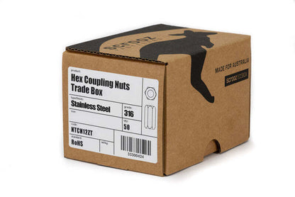 M16 x 50mm Coupling Nuts Stainless 316 Box 25